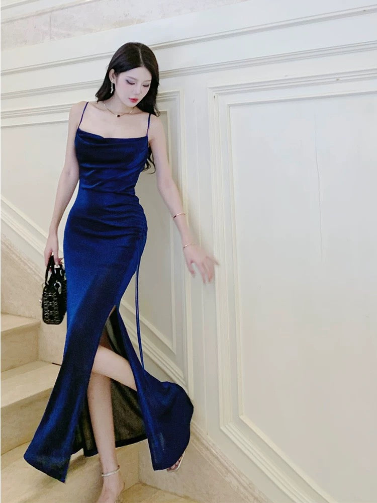 Pretty Sheath Straps Floor Length Royal Blue Slit Prom Dresses Simple Evening Dress C2357