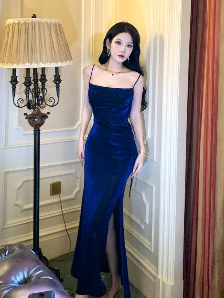 Pretty Sheath Straps Floor Length Royal Blue Slit Prom Dresses Simple Evening Dress C2357