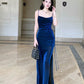 Pretty Sheath Straps Floor Length Royal Blue Slit Prom Dresses Simple Evening Dress C2357