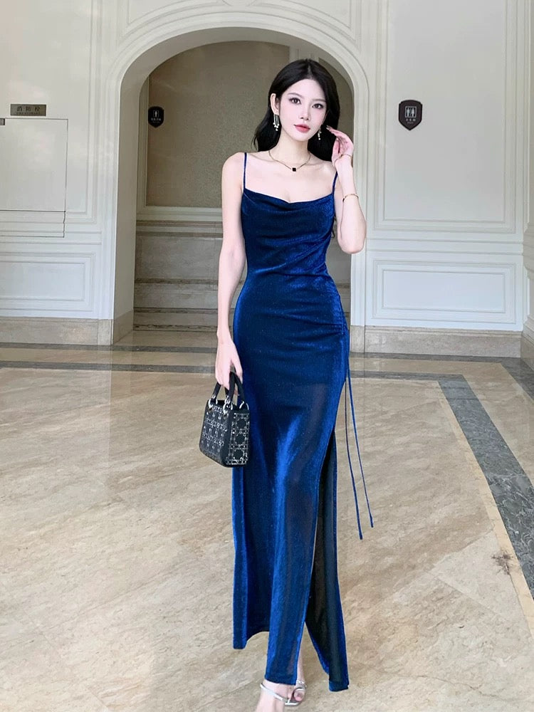 Pretty Sheath Straps Floor Length Royal Blue Slit Prom Dresses Simple Evening Dress C2357