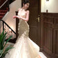 Modest Mermaid High Neckline White Tulle Floral Prom Dresses Sexy Evening Dress C2359