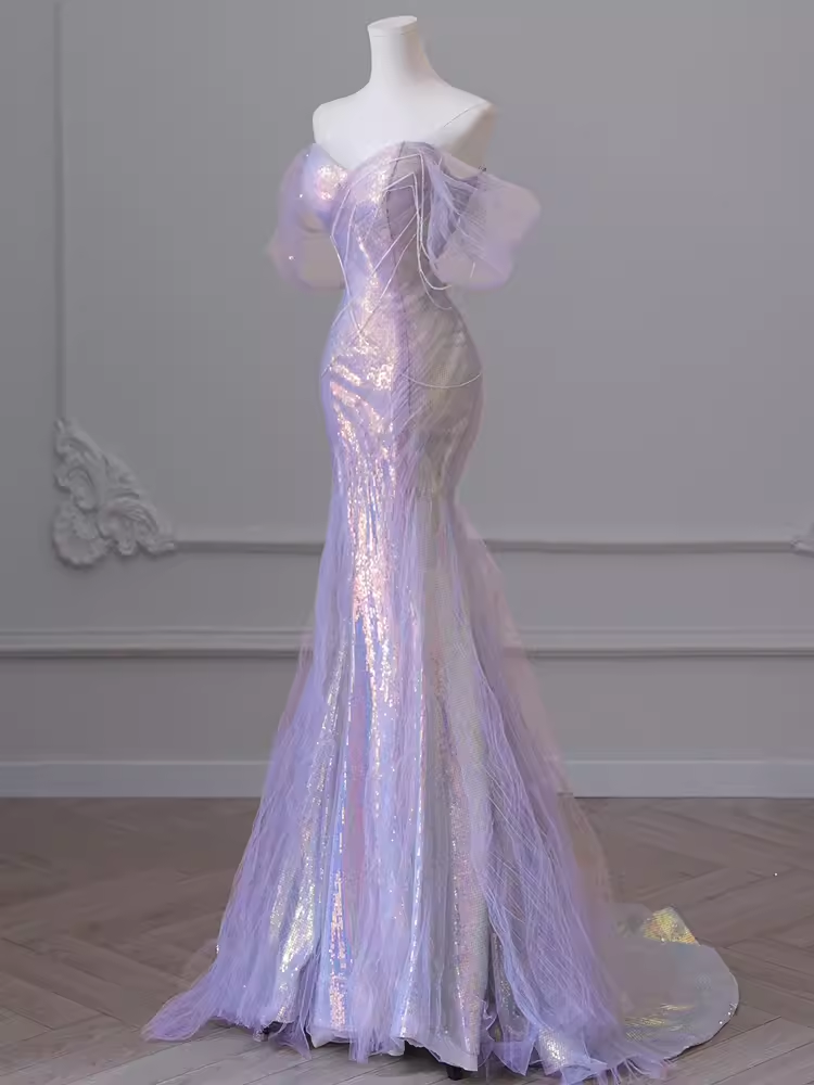 Robe de bal longue en Tulle, Sexy, épaules dénudées, lilas clair, tenue d'anniversaire, C235