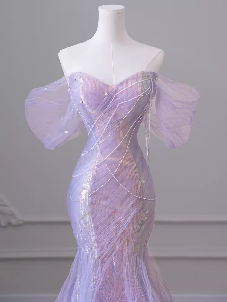 Robe de bal longue en Tulle, Sexy, épaules dénudées, lilas clair, tenue d'anniversaire, C235