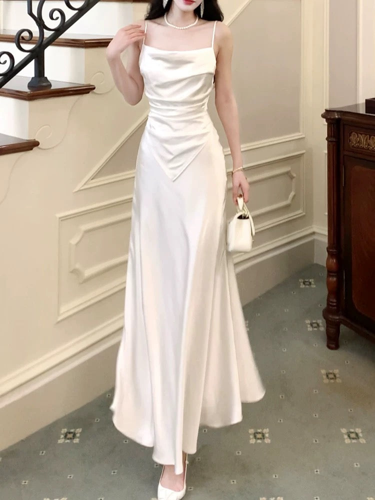 Modest Sheath Spaghetti Straps White Long Prom Dresses Sexy Evening Dress C2360