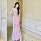 Pretty Mermaid Spaghetti Straps Sequin Pink Slit Long Prom Dresses C2366