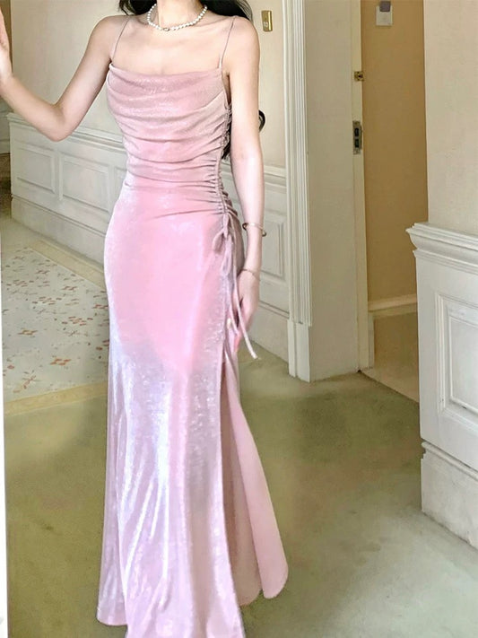 Pretty Mermaid Spaghetti Straps Sequin Pink Slit Long Prom Dresses C2366