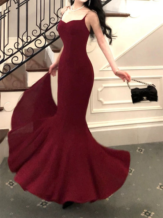 Pretty Mermaid Spaghetti Straps Burgundy Velvet Long Prom Dresses C2368