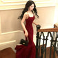 Pretty Mermaid Spaghetti Straps Burgundy Velvet Long Prom Dresses C2368