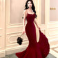 Pretty Mermaid Spaghetti Straps Burgundy Velvet Long Prom Dresses C2368