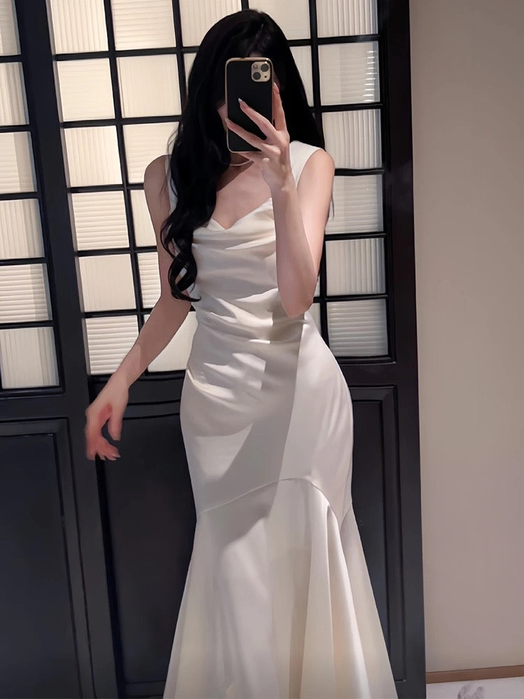 Pretty Mermaid Straps Ivory Silk Satin Long Prom Dresses C2372