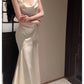 Pretty Mermaid Straps Ivory Silk Satin Long Prom Dresses C2372