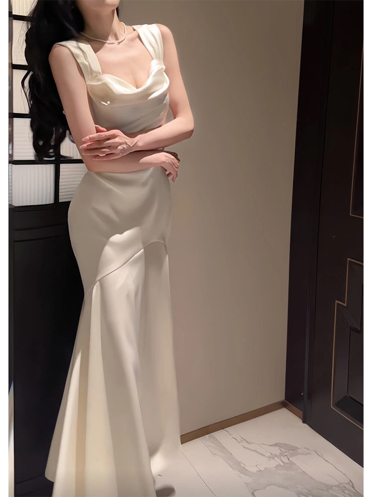 Pretty Mermaid Straps Ivory Silk Satin Long Prom Dresses C2372