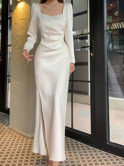 Pretty Sheath Square Neckline Long Sleeves Slit Prom Dresses C2373