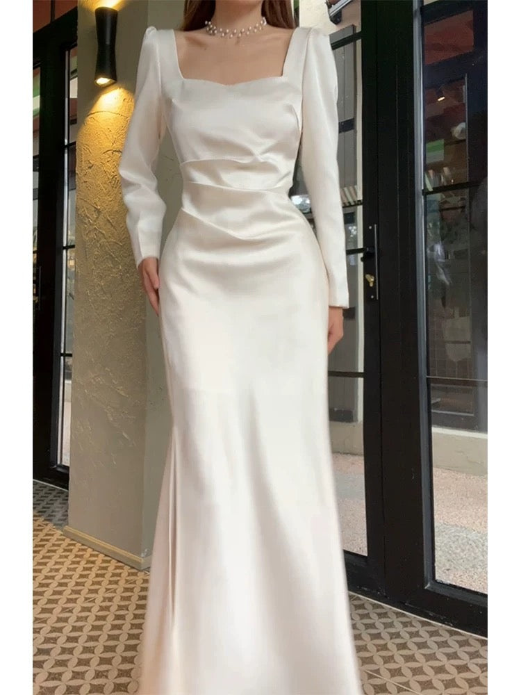 Pretty Sheath Square Neckline Long Sleeves Slit Prom Dresses C2373