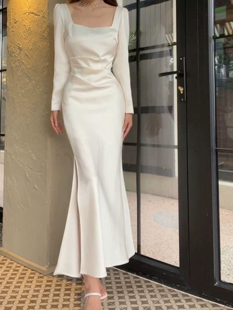 Pretty Sheath Square Neckline Long Sleeves Slit Prom Dresses C2373