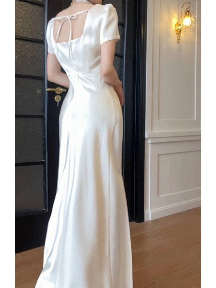 Pretty Sheath Square Neckline Short Sleeves Slit Prom Dresses C2374