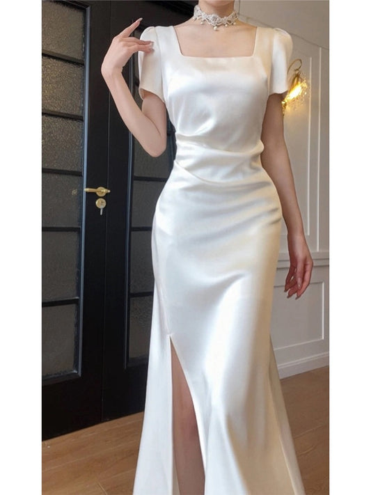 Pretty Sheath Square Neckline Short Sleeves Slit Prom Dresses C2374