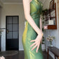 Pretty Sheath Spaghetti Straps Satin Green Long Prom Dresses C2377