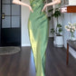 Pretty Sheath Spaghetti Straps Satin Green Long Prom Dresses C2377