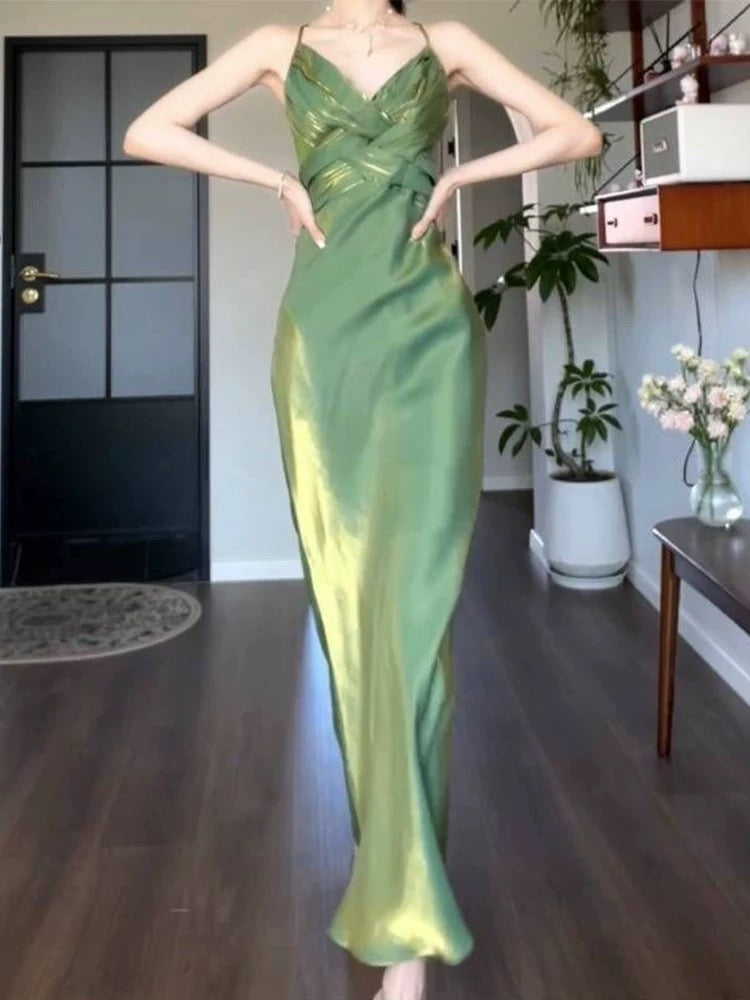 Pretty Sheath Spaghetti Straps Satin Green Long Prom Dresses C2377