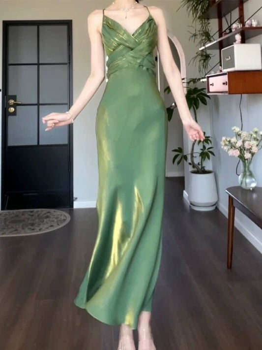 Pretty Sheath Spaghetti Straps Satin Green Long Prom Dresses C2377