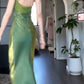 Pretty Sheath Spaghetti Straps Satin Green Long Prom Dresses C2377