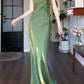 Pretty Sheath Spaghetti Straps Satin Green Long Prom Dresses C2377