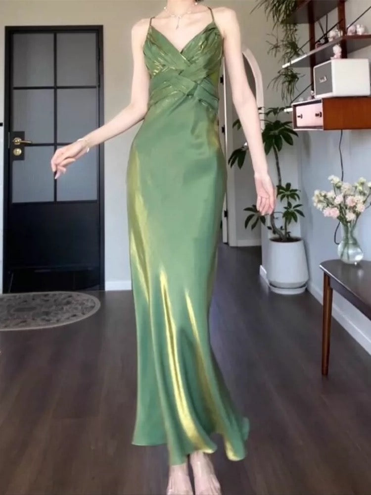 Pretty Sheath Spaghetti Straps Satin Green Long Prom Dresses C2377