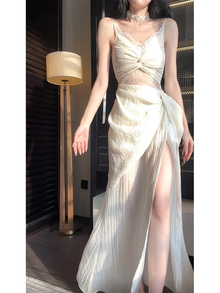 Pretty Sheath Spaghetti Straps Slit Ivory Long Prom Dresses CC2378