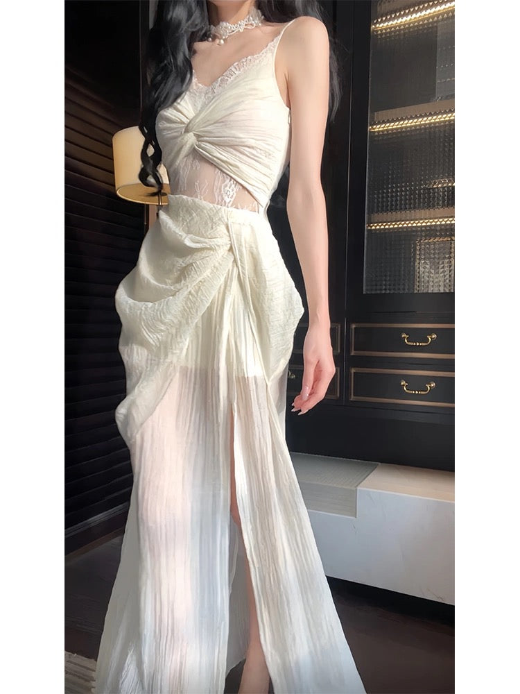 Pretty Sheath Spaghetti Straps Slit Ivory Long Prom Dresses CC2378