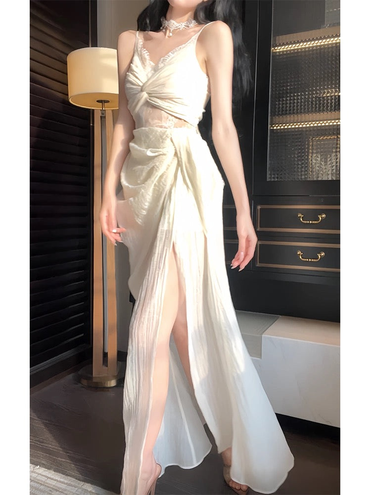 Pretty Sheath Spaghetti Straps Slit Ivory Long Prom Dresses CC2378