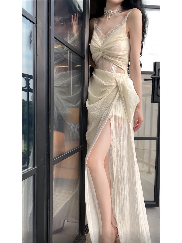 Pretty Sheath Spaghetti Straps Slit Ivory Long Prom Dresses CC2378