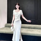 Pretty Sheath Square Neckline Short Sleeves Slit Ivory Long Prom Dresses C2379