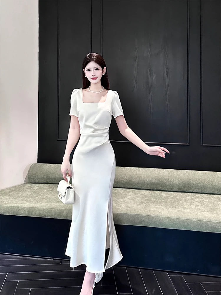 Pretty Sheath Square Neckline Short Sleeves Slit Ivory Long Prom Dresses C2379