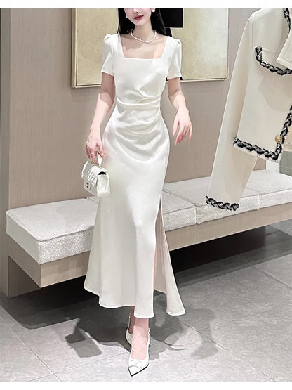 Pretty Sheath Square Neckline Short Sleeves Slit Ivory Long Prom Dresses C2379