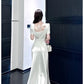 Pretty Sheath Square Neckline Short Sleeves Slit Ivory Long Prom Dresses C2379