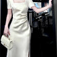 Pretty Sheath Square Neckline Short Sleeves Slit Ivory Long Prom Dresses C2379