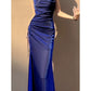 Pretty Sheath Spaghetti Straps Royal Blue Ruffles Sequin Prom Dresses C2386