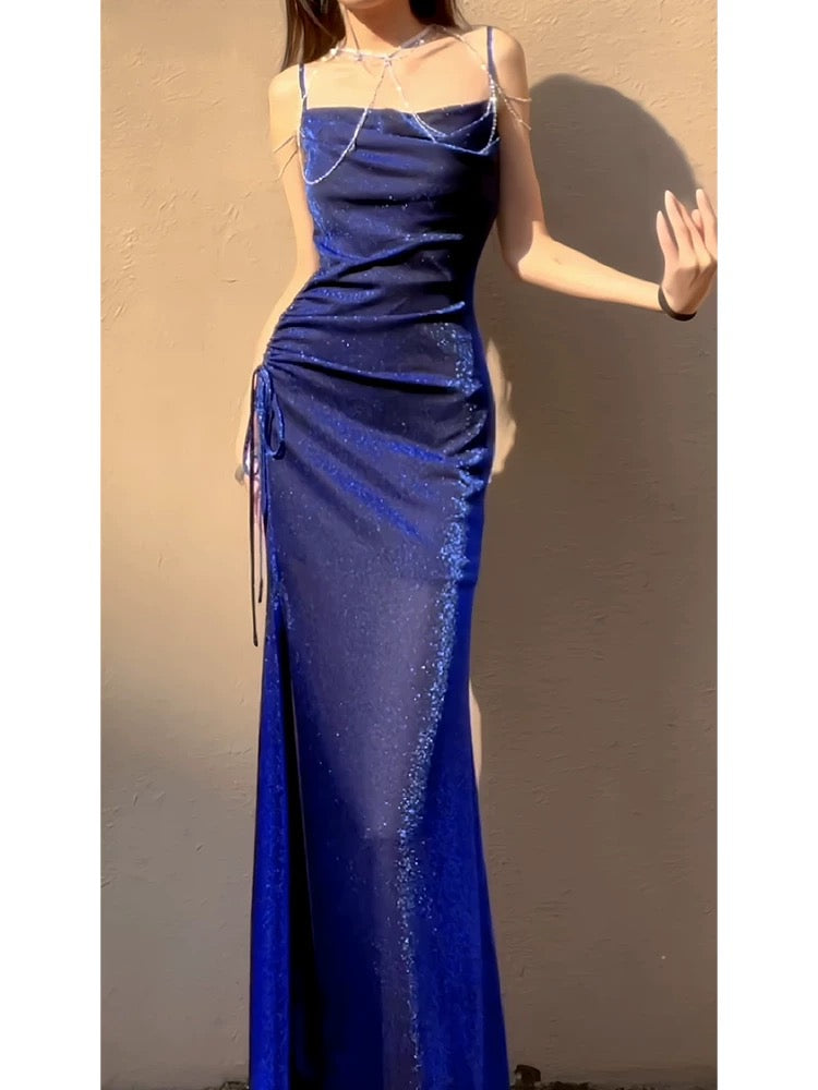 Pretty Sheath Spaghetti Straps Royal Blue Ruffles Sequin Prom Dresses C2386