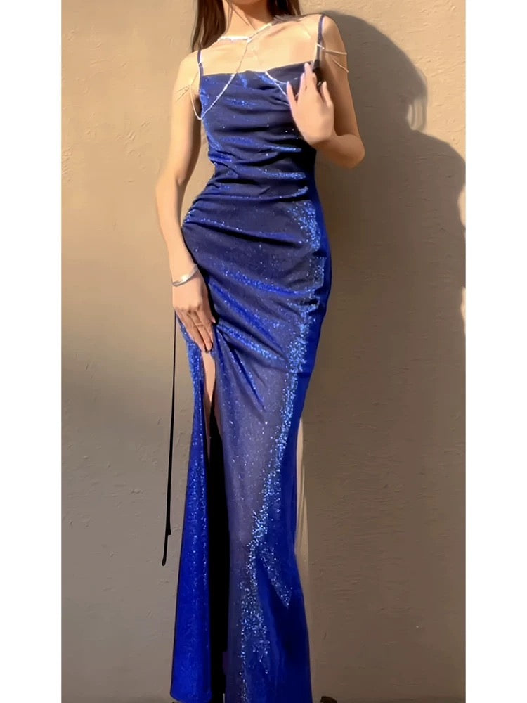 Pretty Sheath Spaghetti Straps Royal Blue Ruffles Sequin Prom Dresses C2386