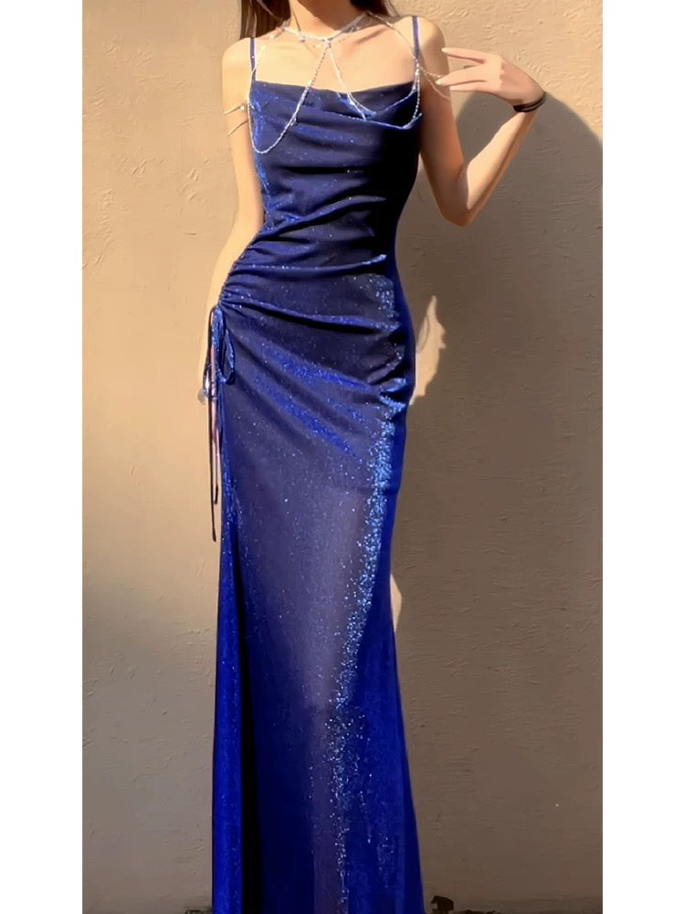 Pretty Sheath Spaghetti Straps Royal Blue Ruffles Sequin Prom Dresses C2386