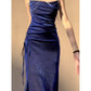 Pretty Sheath Spaghetti Straps Royal Blue Ruffles Sequin Prom Dresses C2386