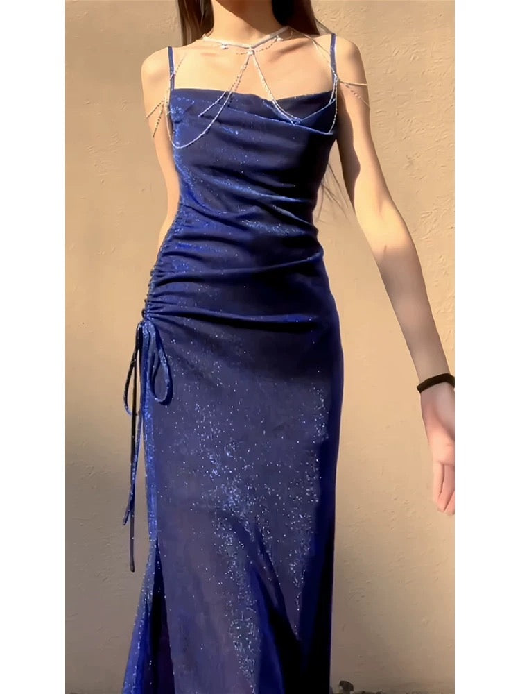 Pretty Sheath Spaghetti Straps Royal Blue Ruffles Sequin Prom Dresses C2386