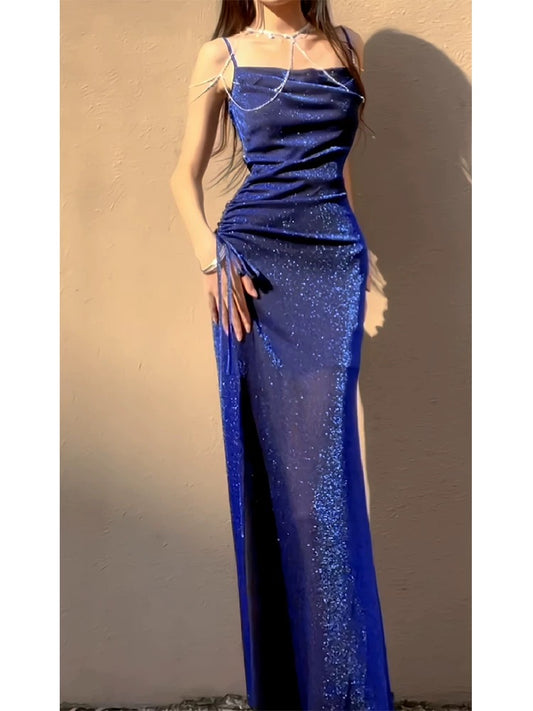 Pretty Sheath Spaghetti Straps Royal Blue Ruffles Sequin Prom Dresses C2386