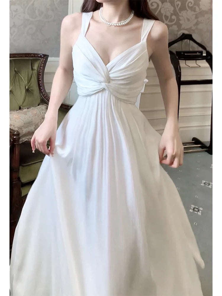 Sexy A line Straps Sleeveless White Chiffon Long Prom Dresses C2388