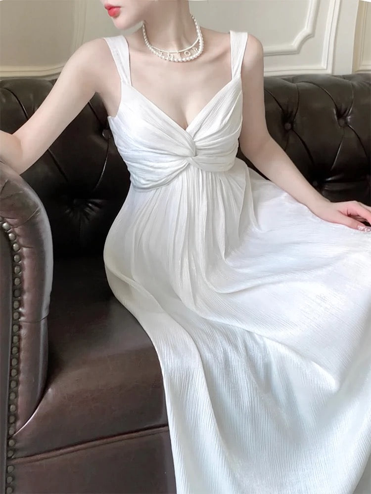 Sexy A line Straps Sleeveless White Chiffon Long Prom Dresses C2388