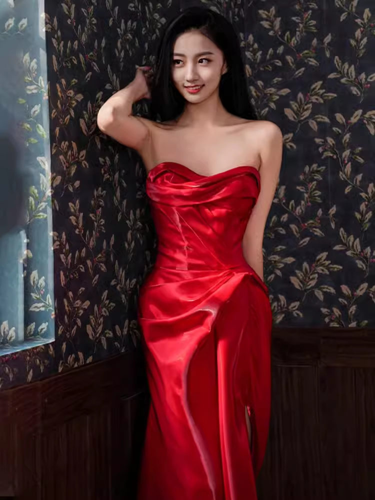 Sexy sirène chérie Satin longues robes de bal rouge fente tenues d'anniversaire C238