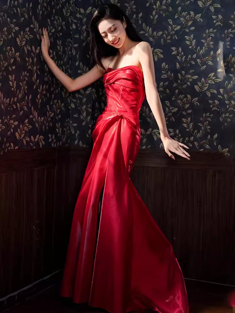 Sexy Mermaid Sweetheart Satin Long Prom Dresses Red Slit Birthday Outfits C238