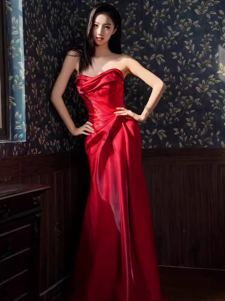 Sexy Mermaid Sweetheart Satin Long Prom Dresses Red Slit Birthday Outfits C238