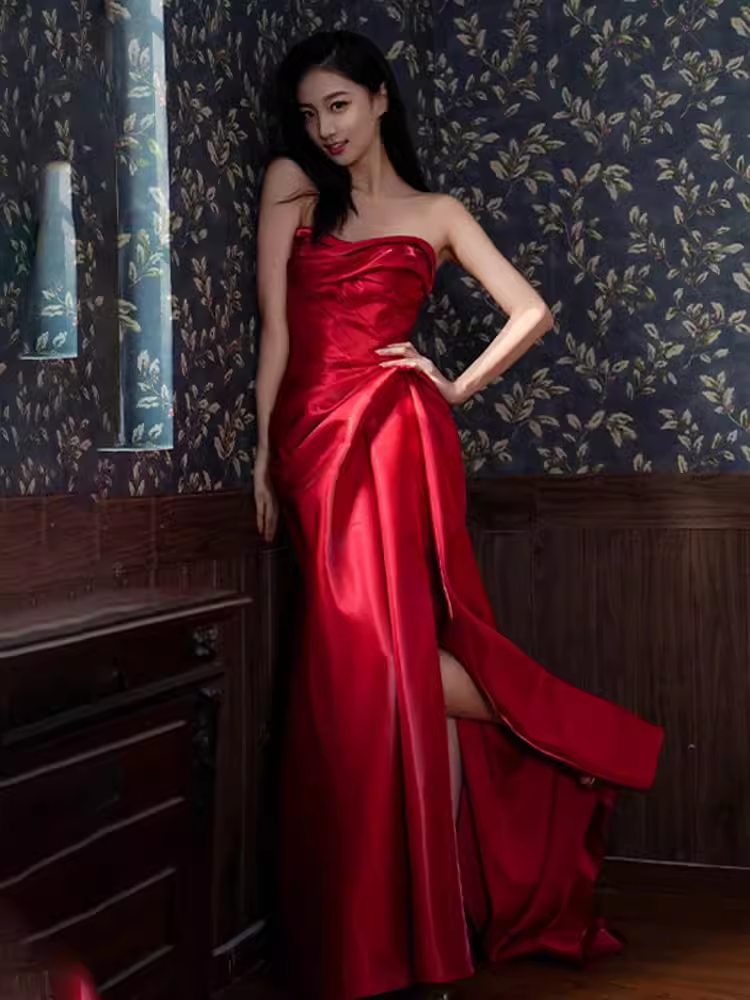 Sexy Mermaid Sweetheart Satin Long Prom Dresses Red Slit Birthday Outfits C238